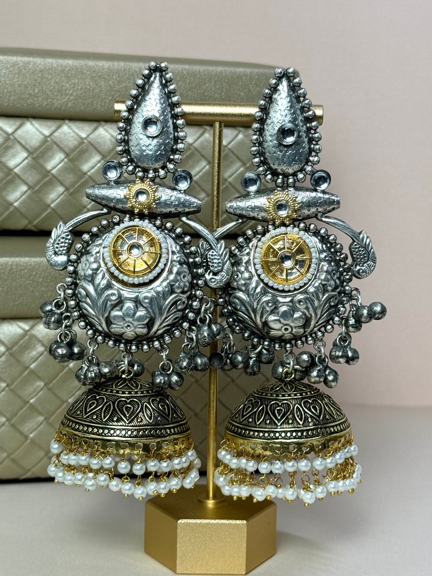Gold and Silver oversized jhumkas- Lux