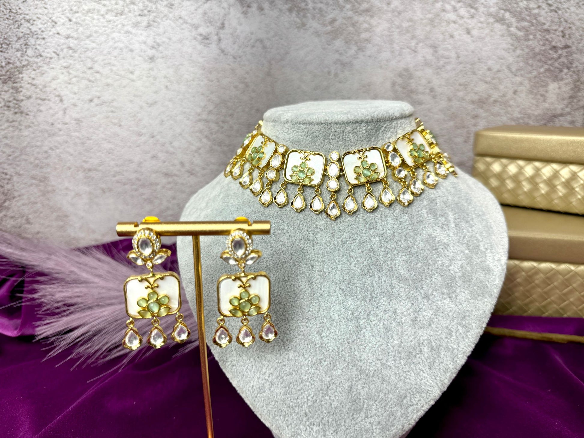 mint green kundan set with matching earrings
