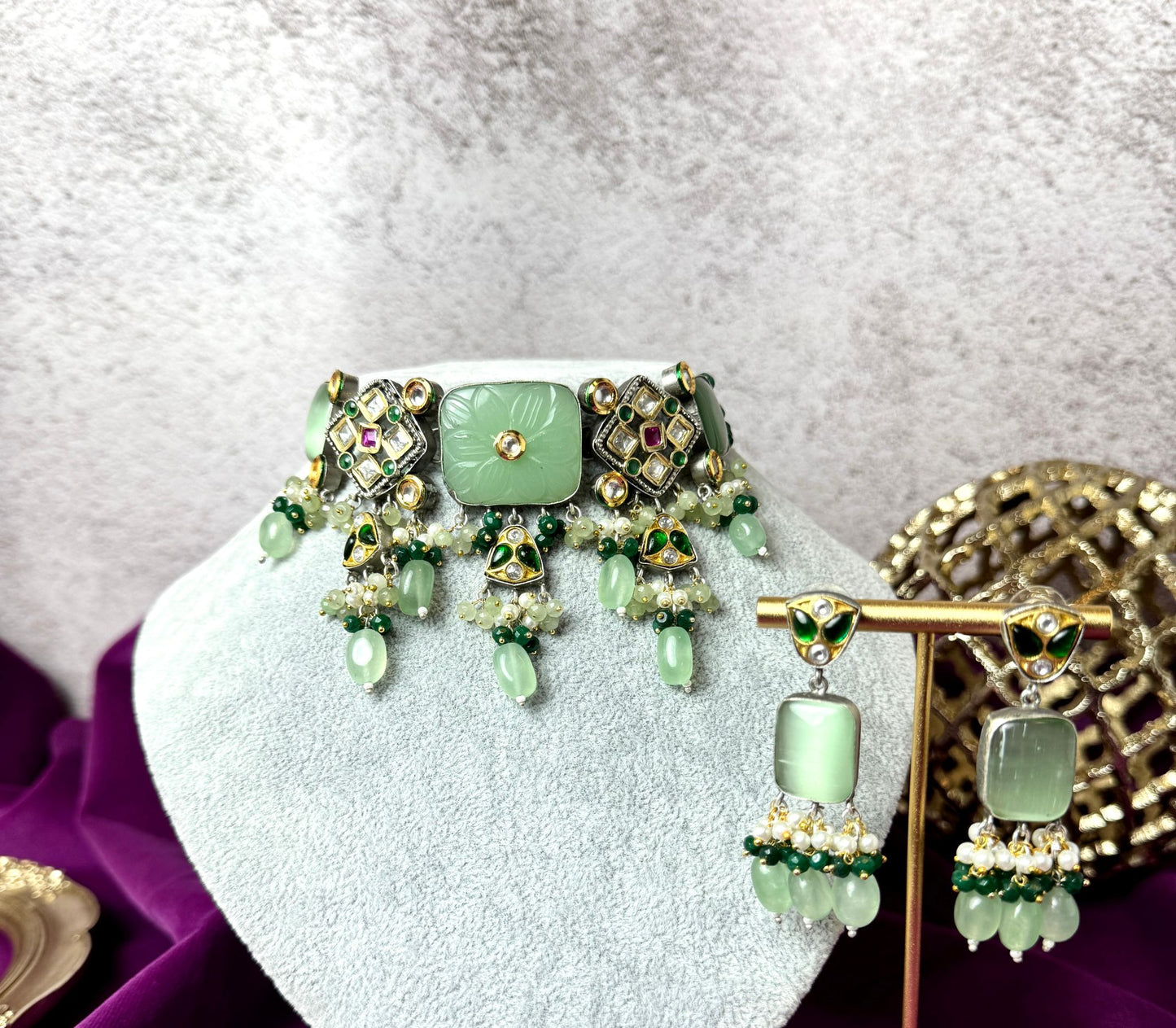 Sage Emerald Green Kundan Set- Roar 1008