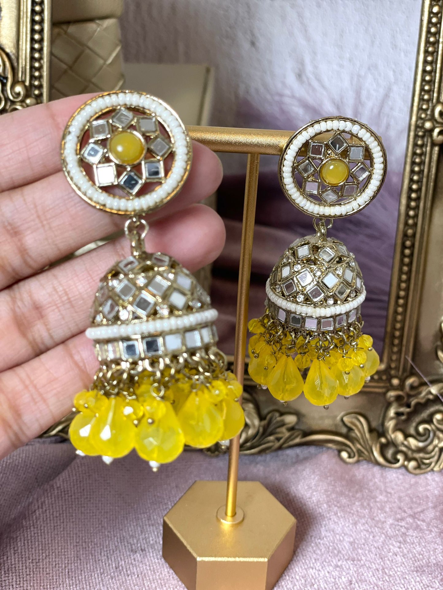 Yellow Mirror Jhumkas- Aura 1004