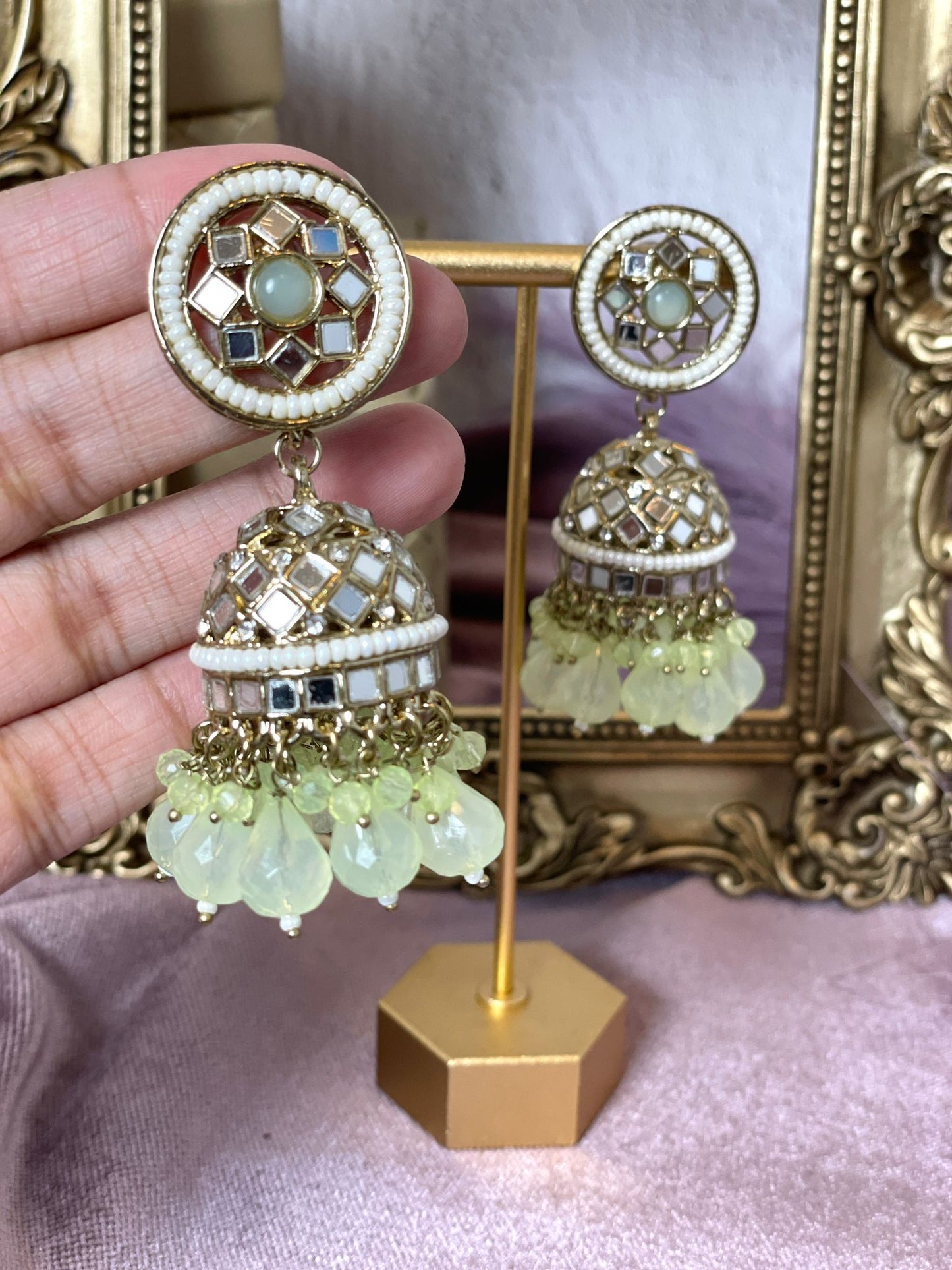 Mint Green Mirror Jhumkas- Aura 1004