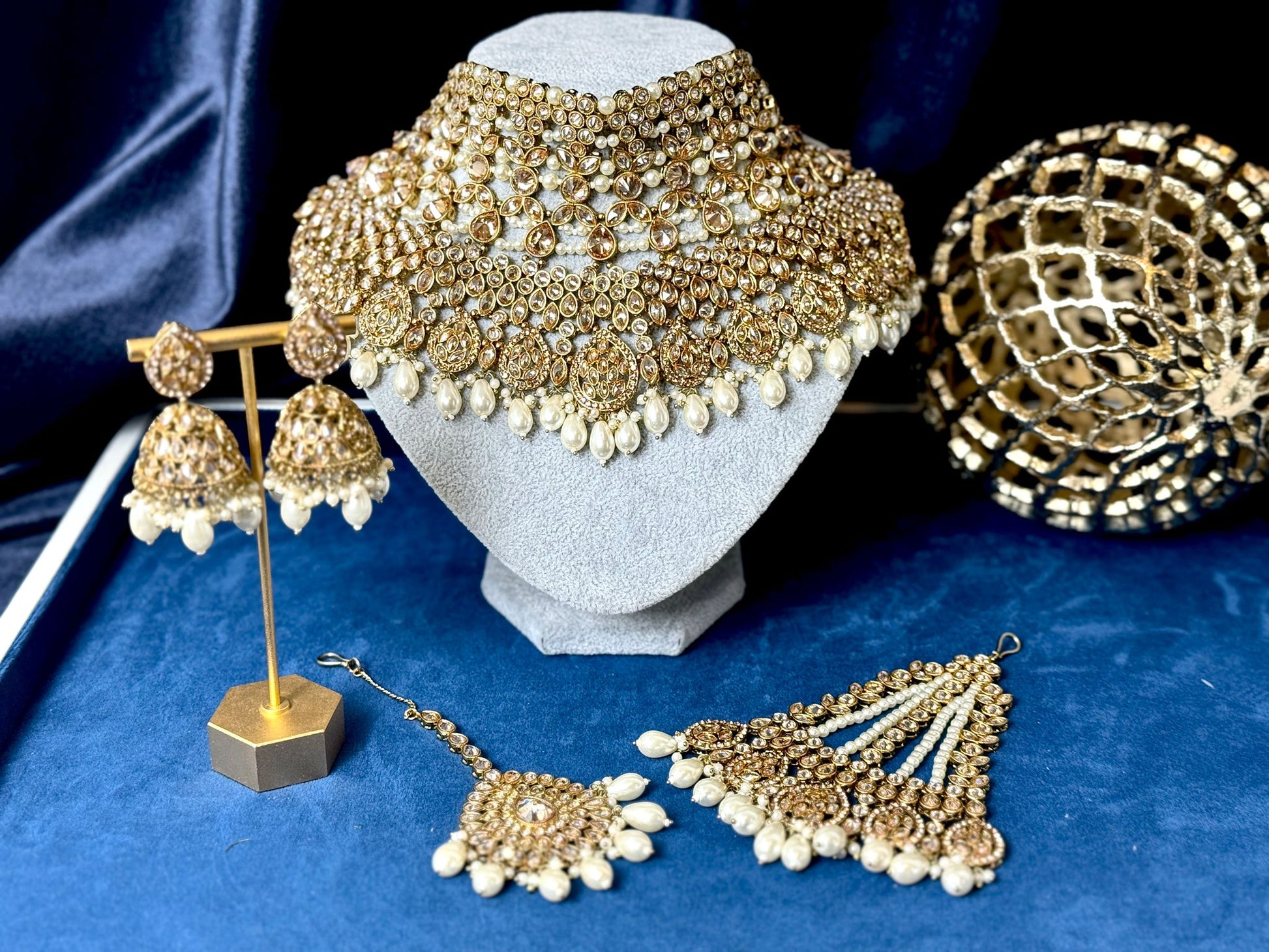 Elegant Gold Bridal Necklace with  Earrings and tikka set