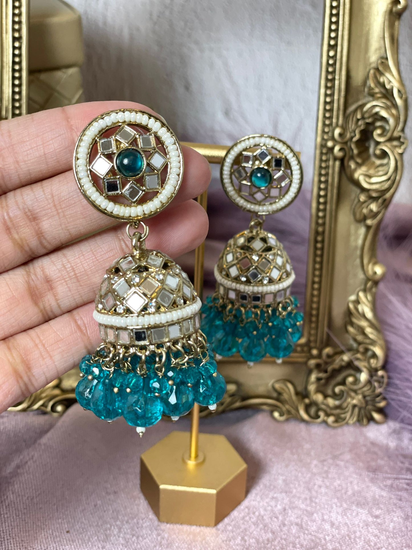 Teal Mirror Jhumkas - Aura 1004