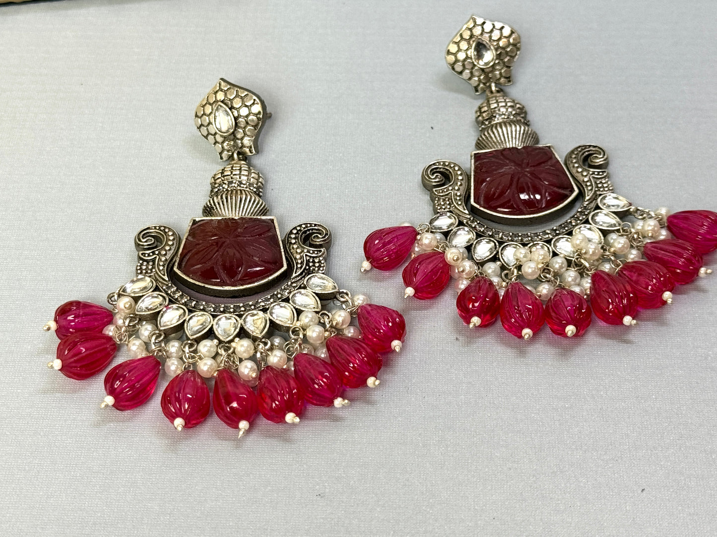 Magenta Silver Chandbalis Earrings- Lux