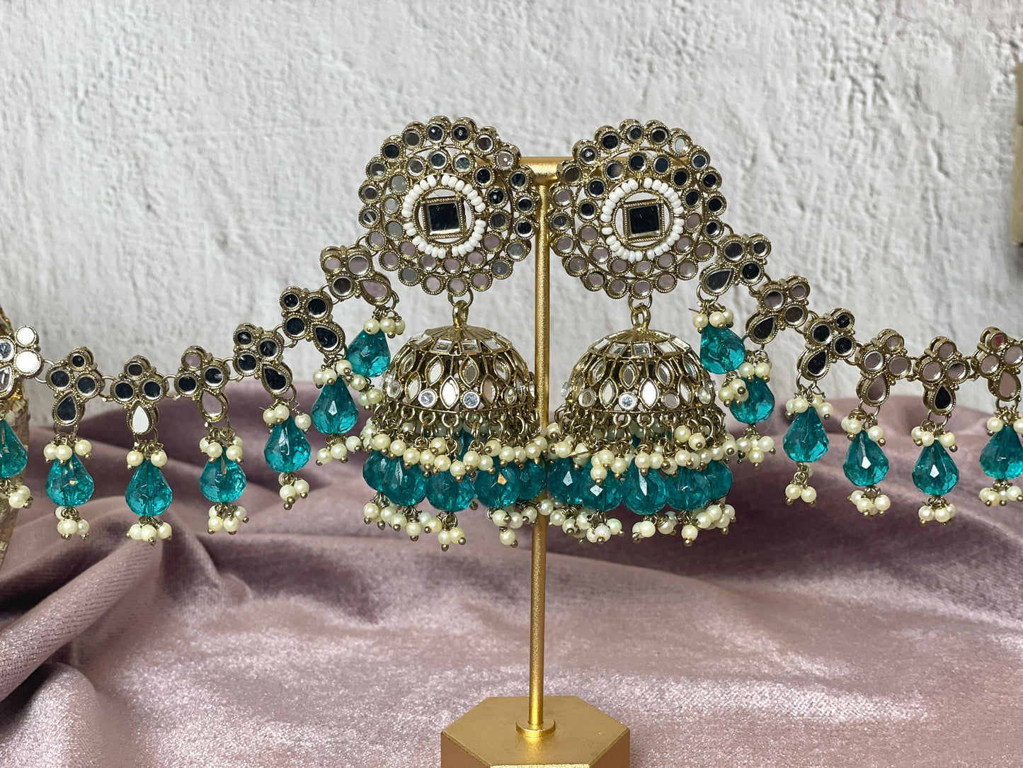 Teal Mirror Sahara Jhumkas - Aura 1016
