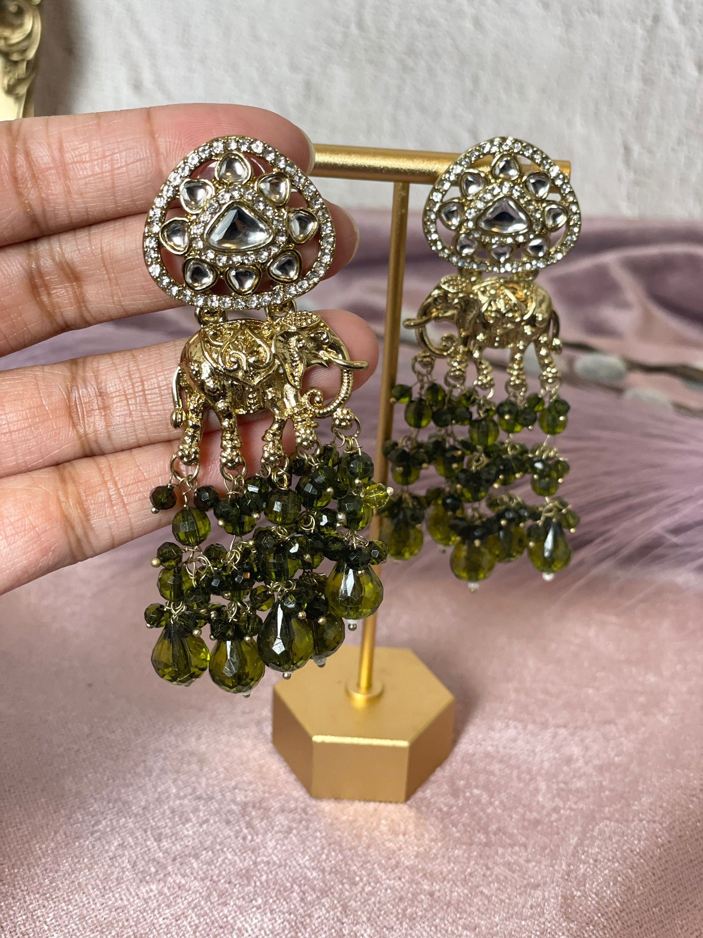 Army Green Elephant Earrings- Aura 1013