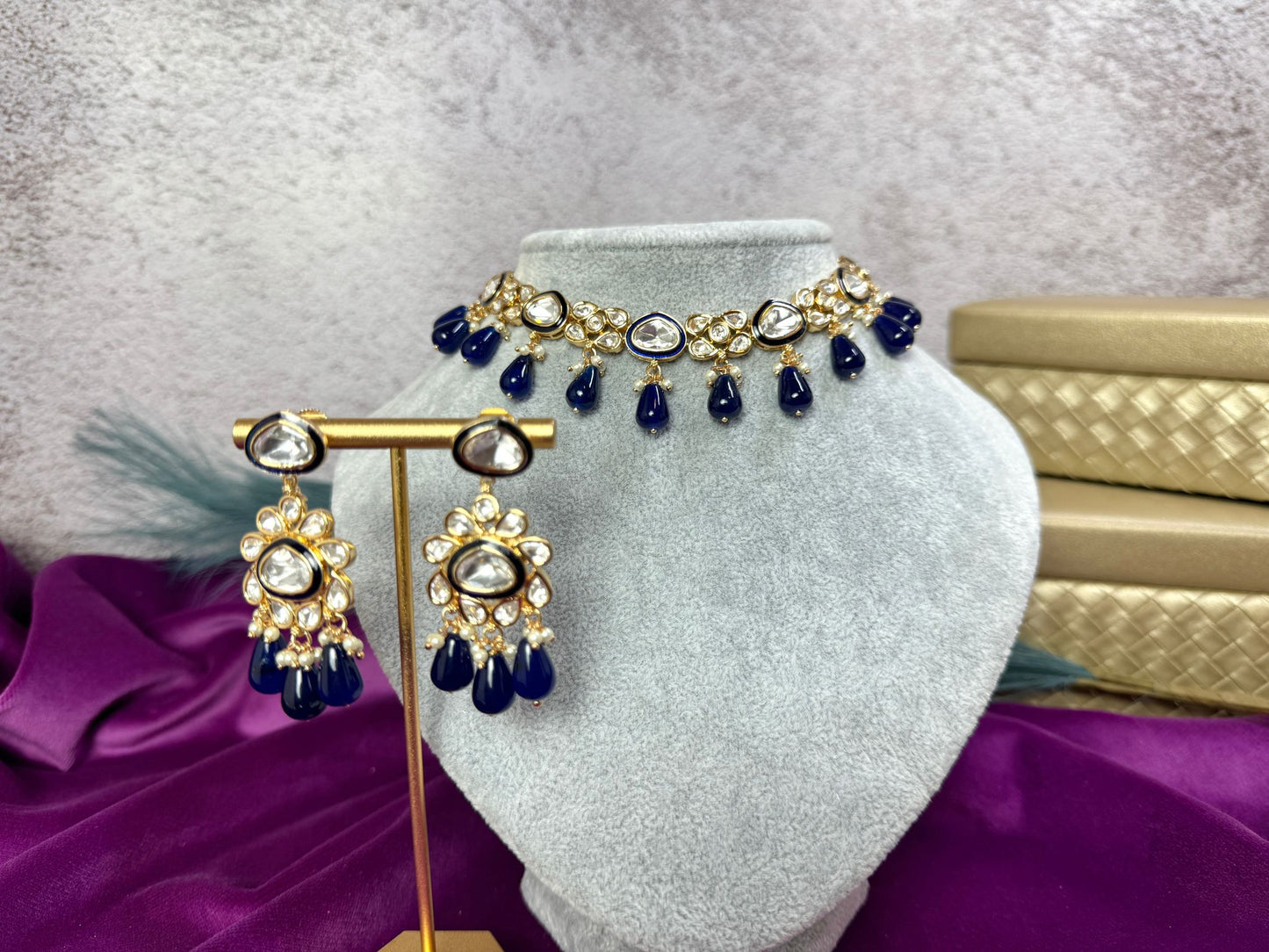 Navy Blue Uncut Kundan set- Roar 1017