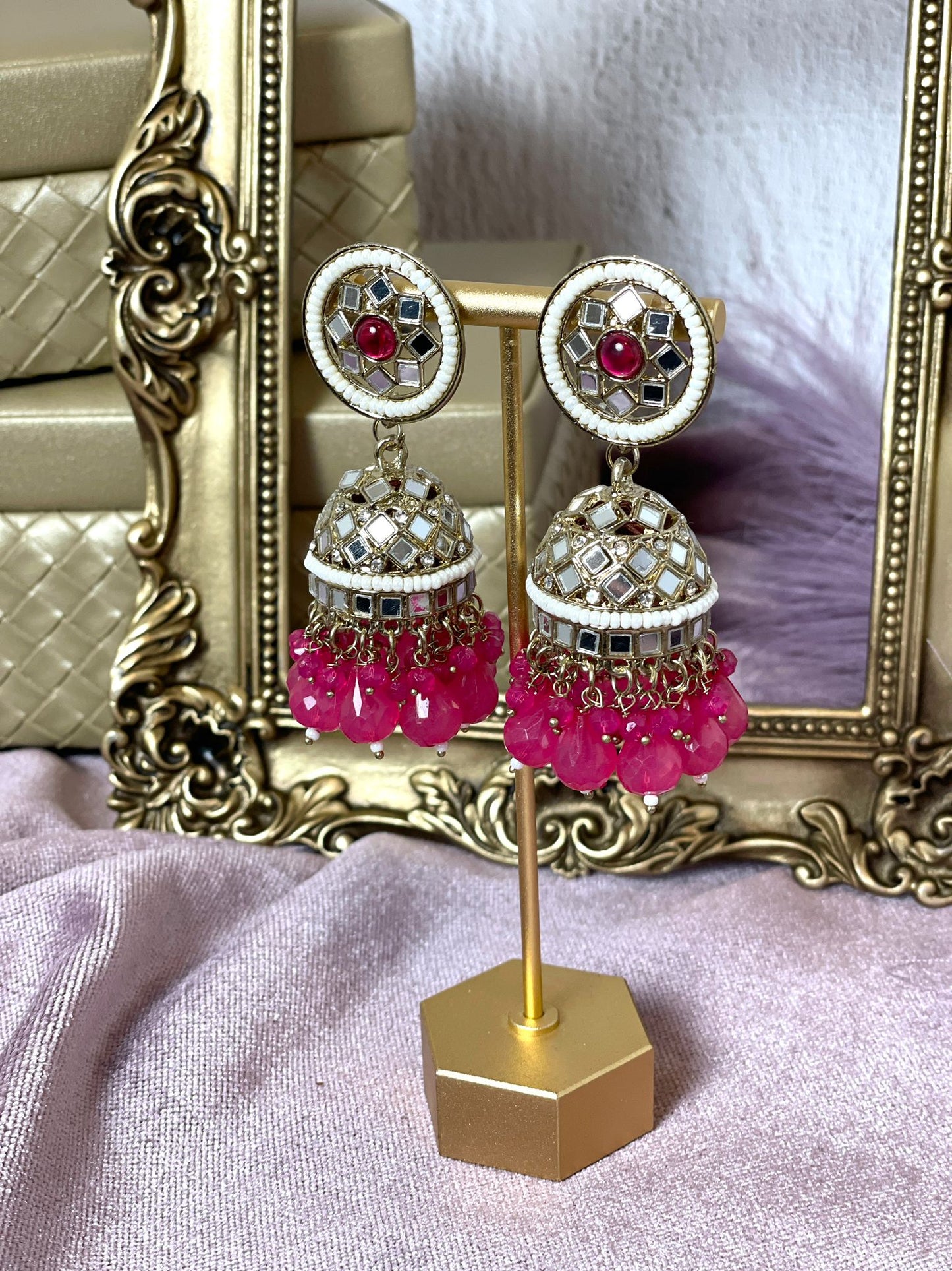Magenta Mirror Jhumkas- Aura 1004