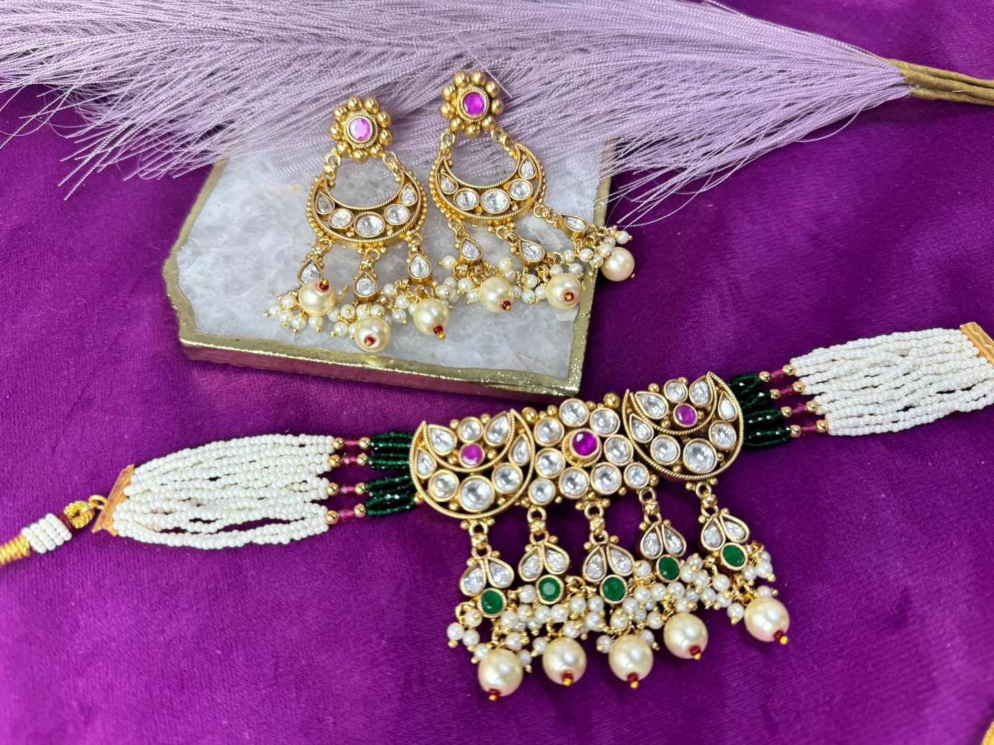 Green Pink Kundan Choker- Roar 1029