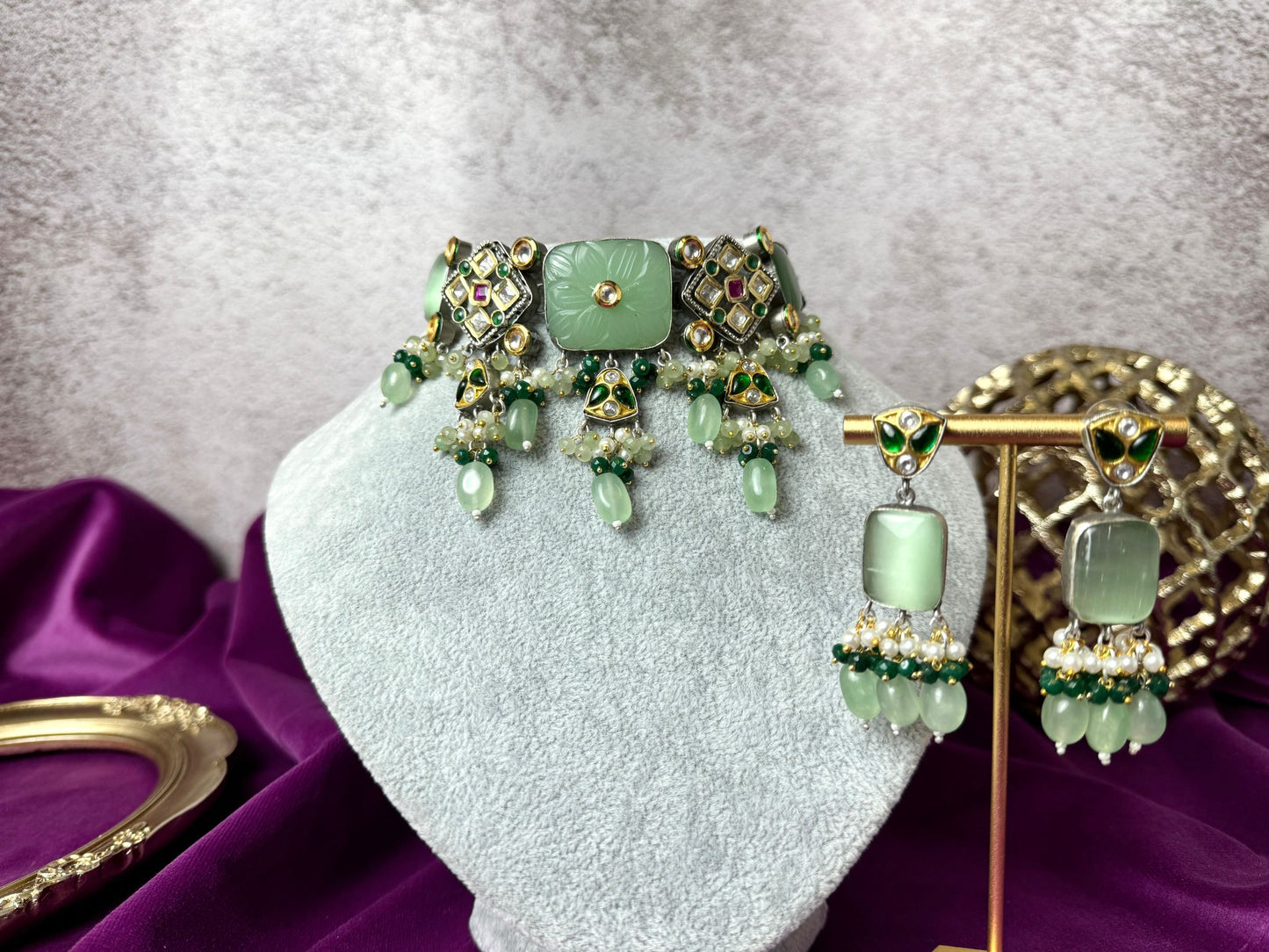 Sage Emerald Green Kundan Set- Roar 1008