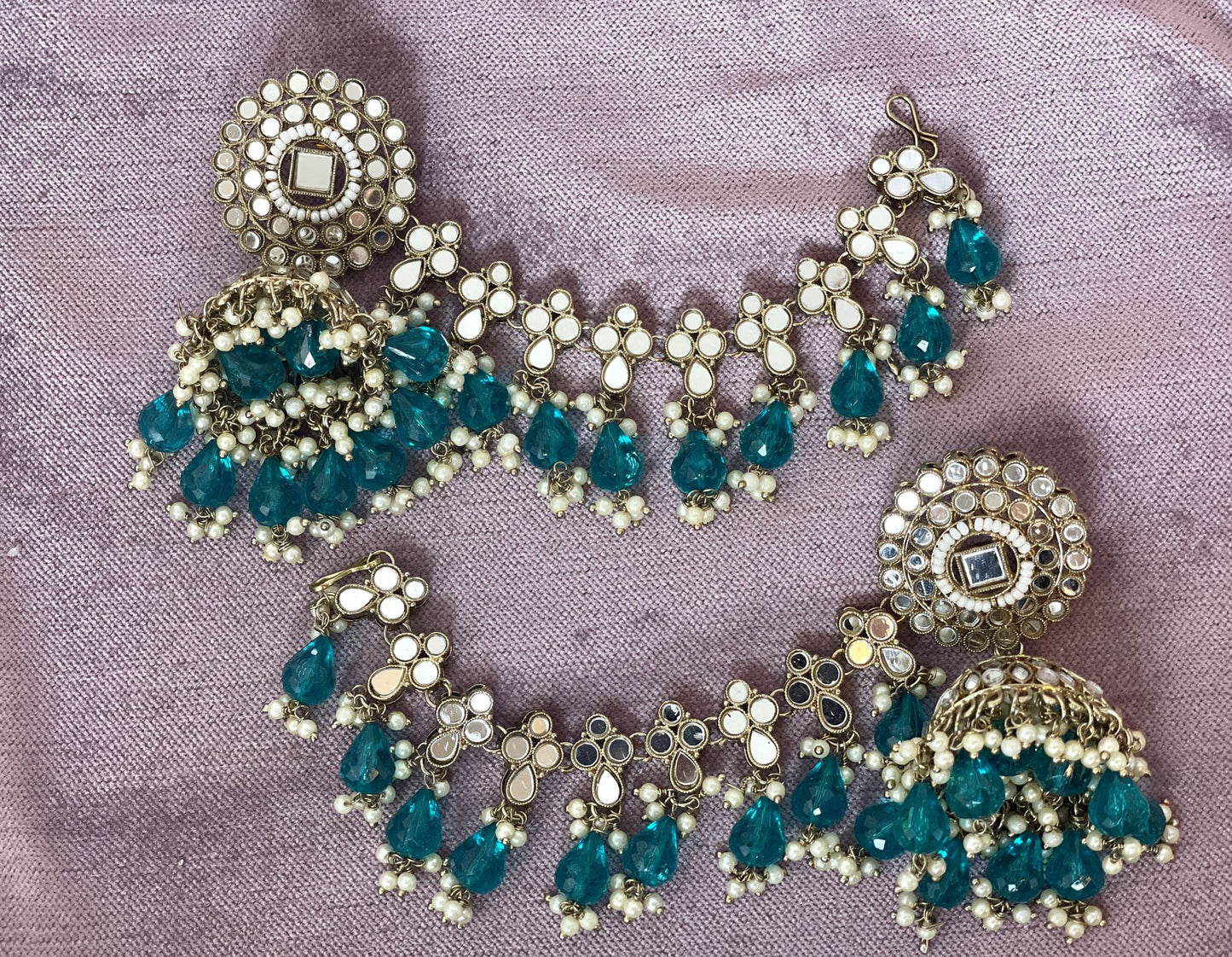 Teal Mirror Sahara Jhumkas - Aura 1016