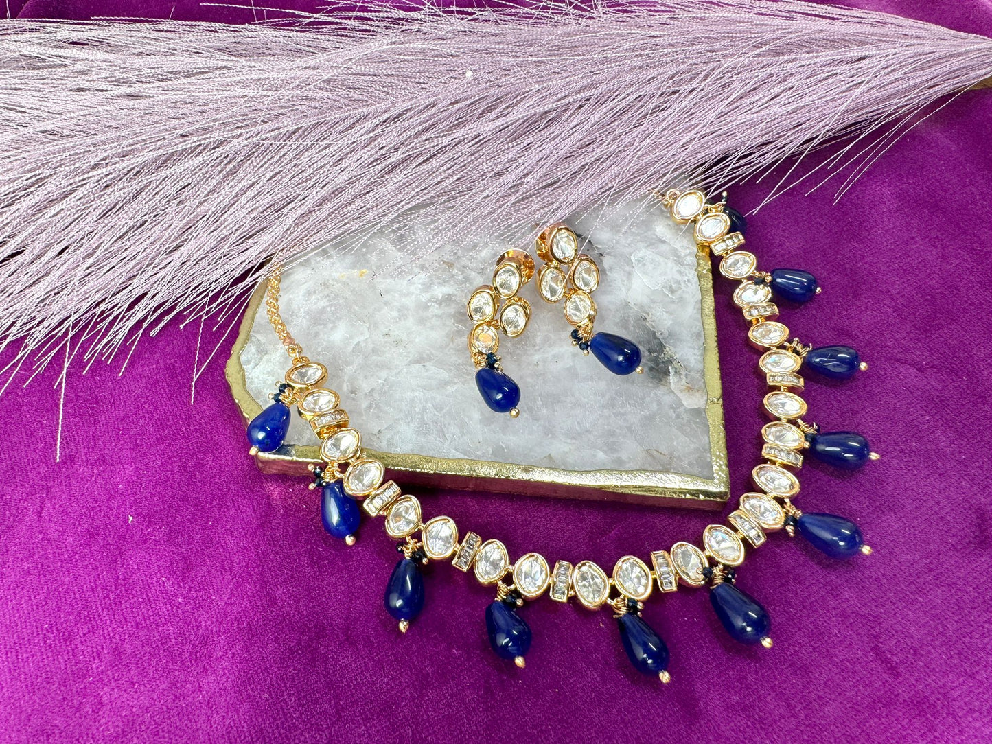 Navy Blue Thin Kundan Set- Roar 1028