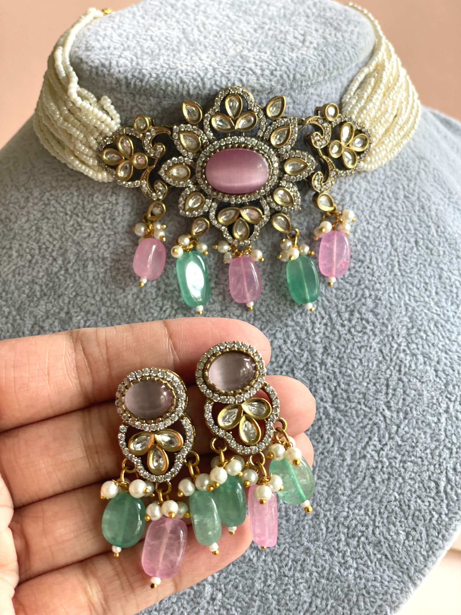 pink green indian choker