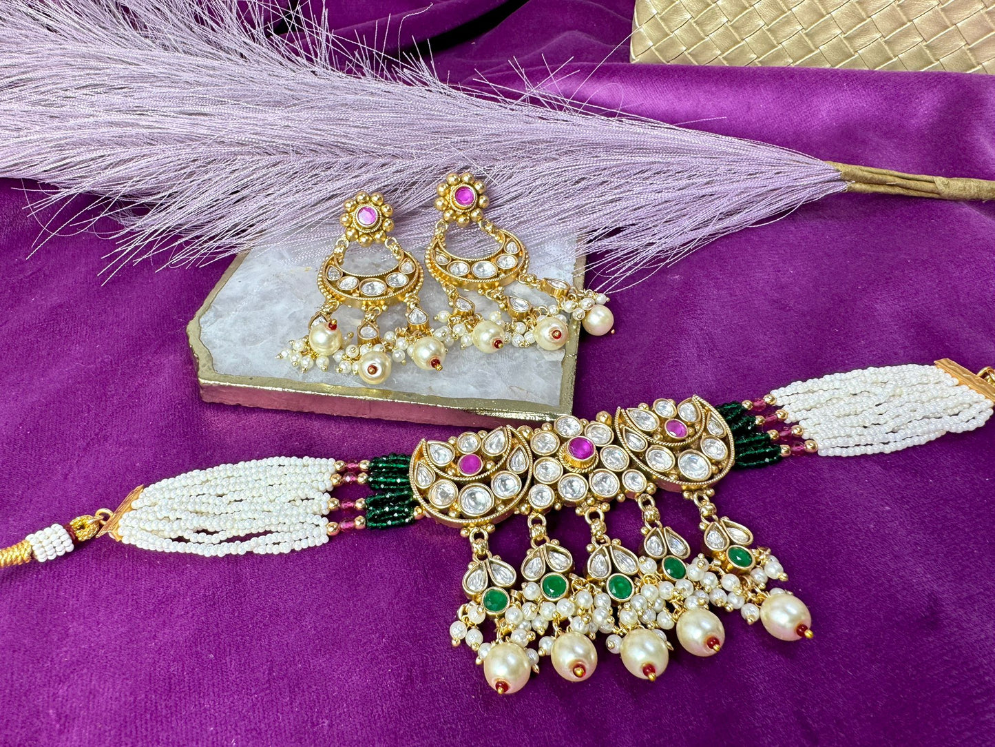 Green Pink Kundan Choker- Roar 1029