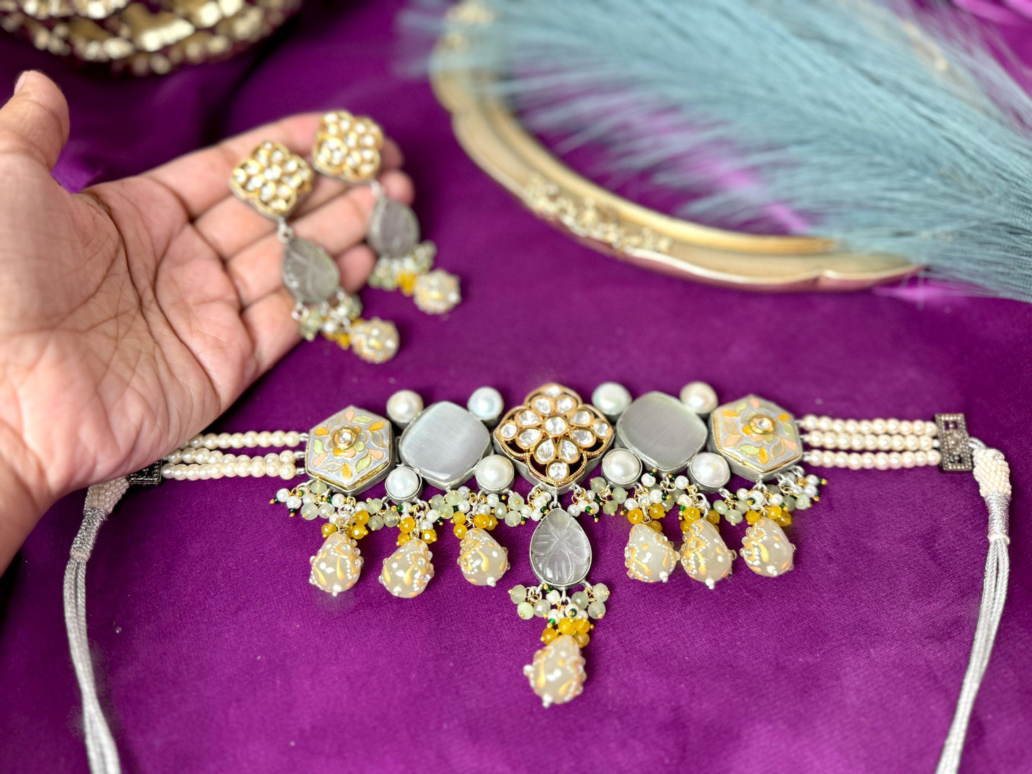 White Gray Kundan Set- Roar 1007