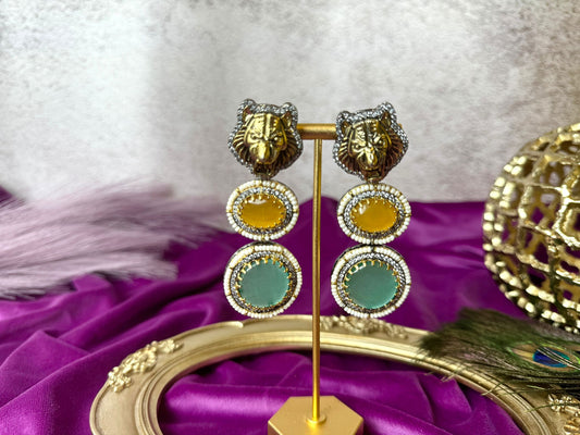 Mint Green Yellow Lion Earrings- Roar 1002
