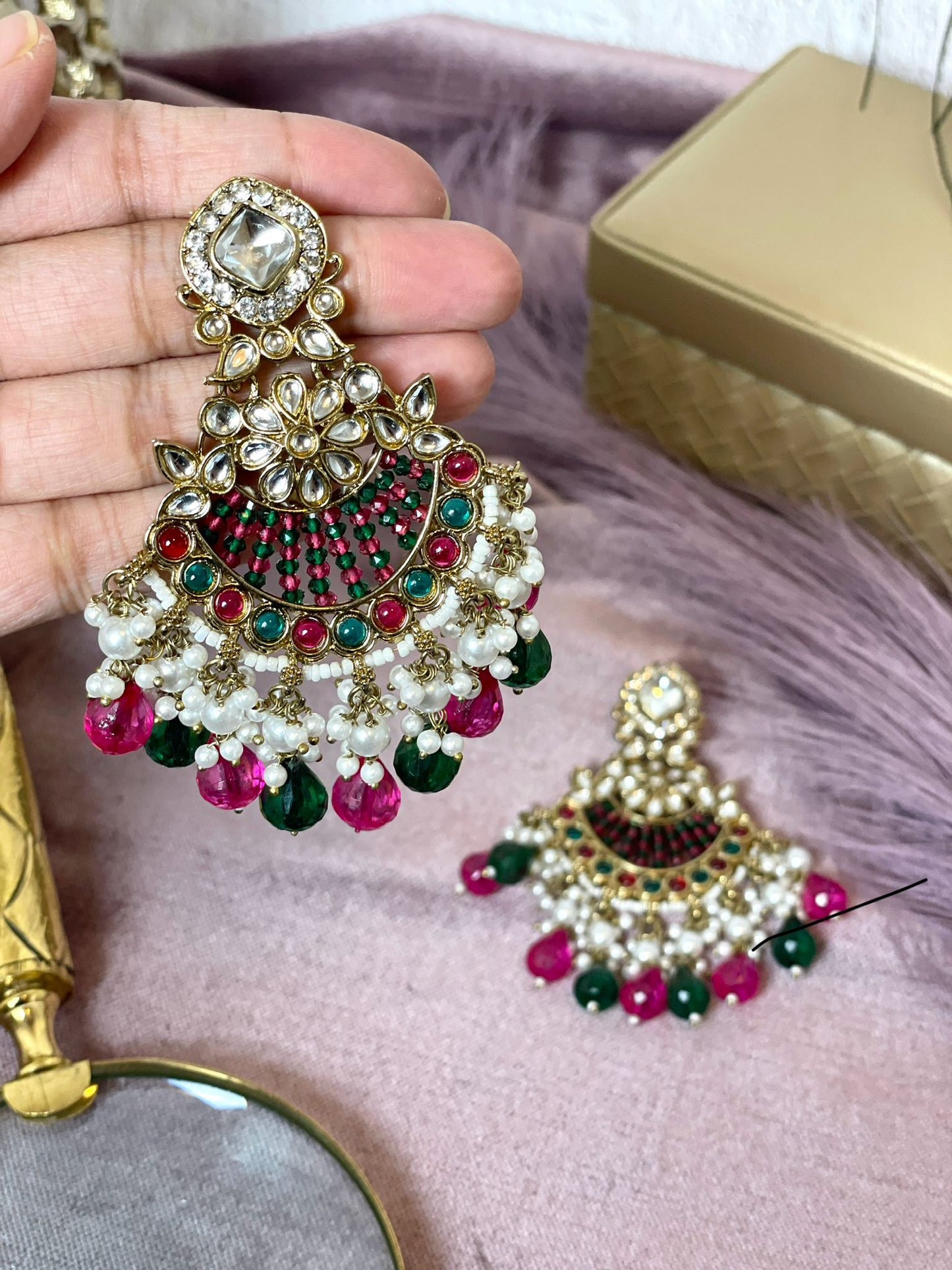Pink and Green Chandbalis -Aura 1005