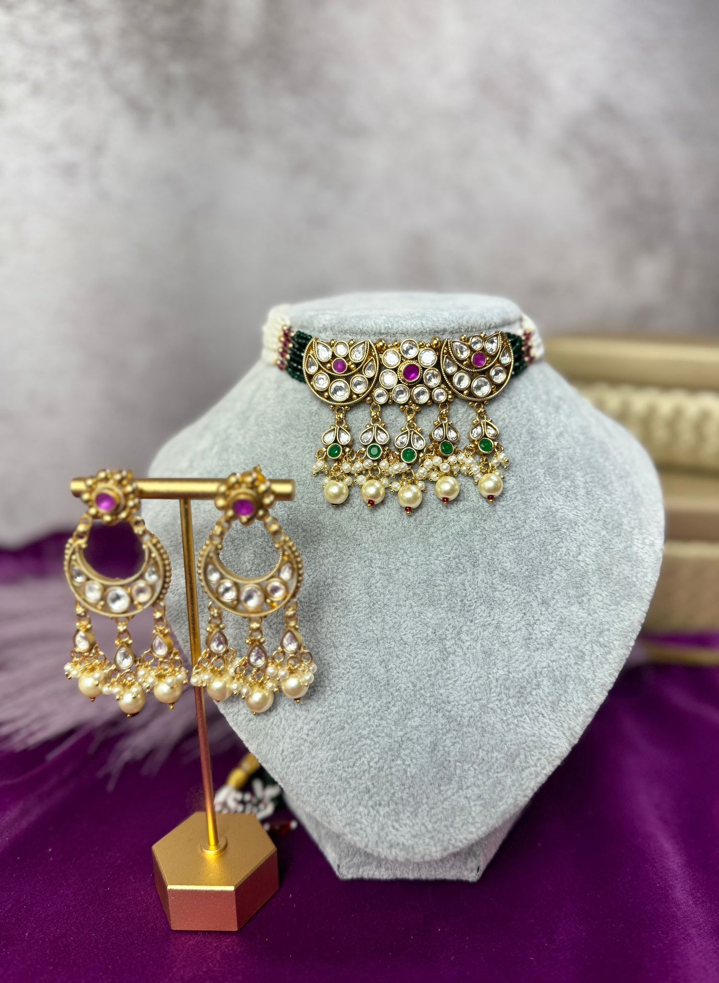 Delicate green pink kundan choker and earrings
