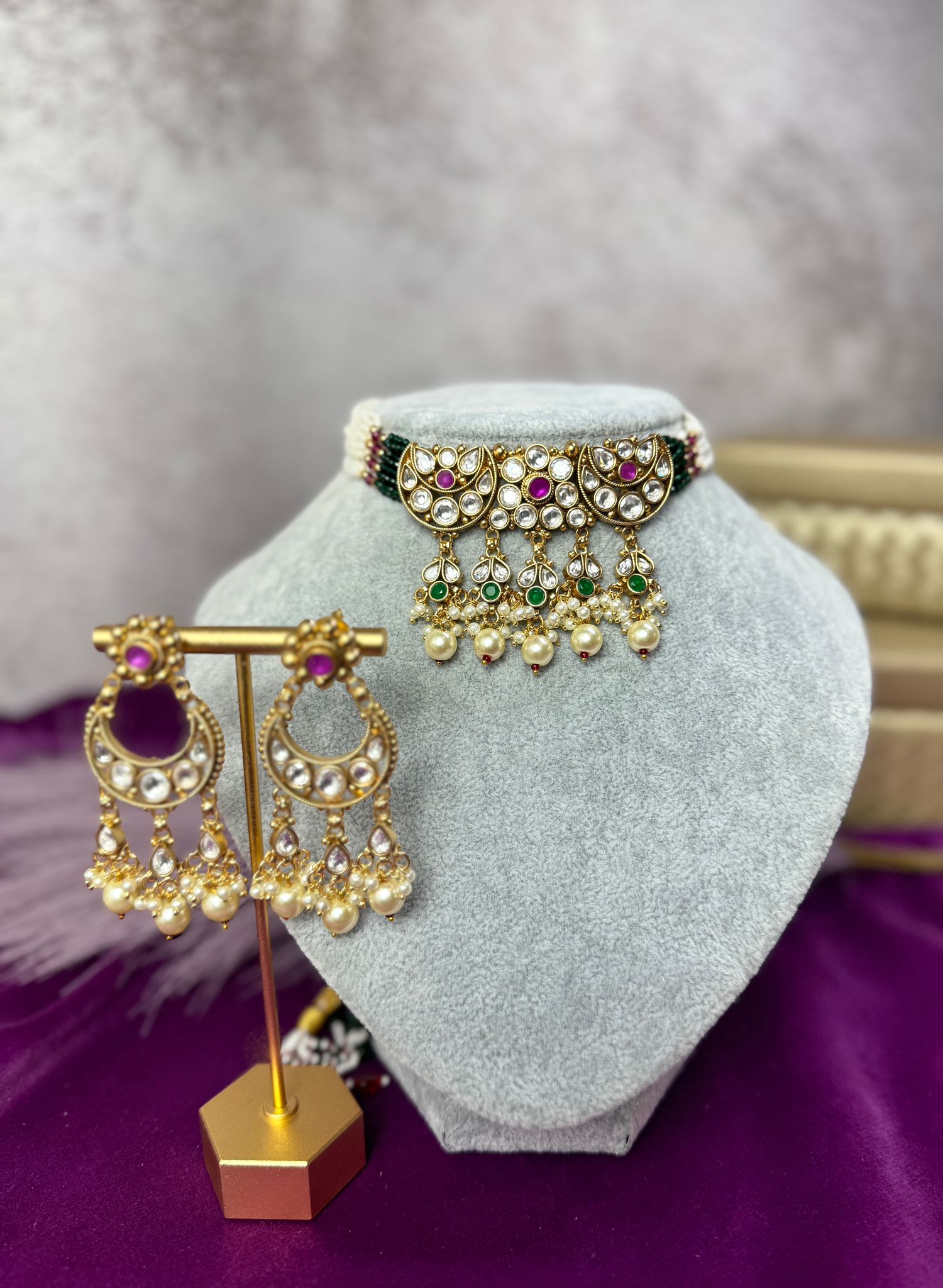 Delicate green pink kundan choker and earrings