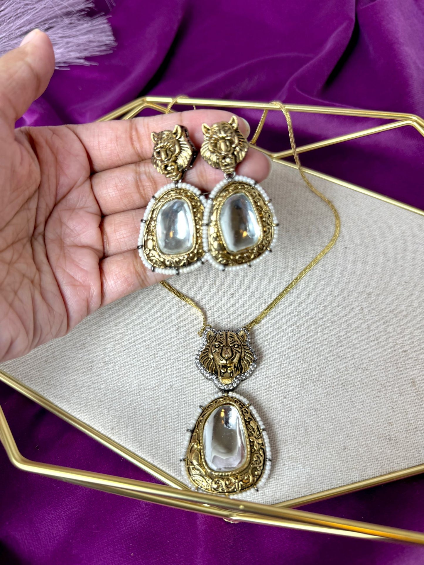 Gold Lion Head Pendant Set - Roar 1005