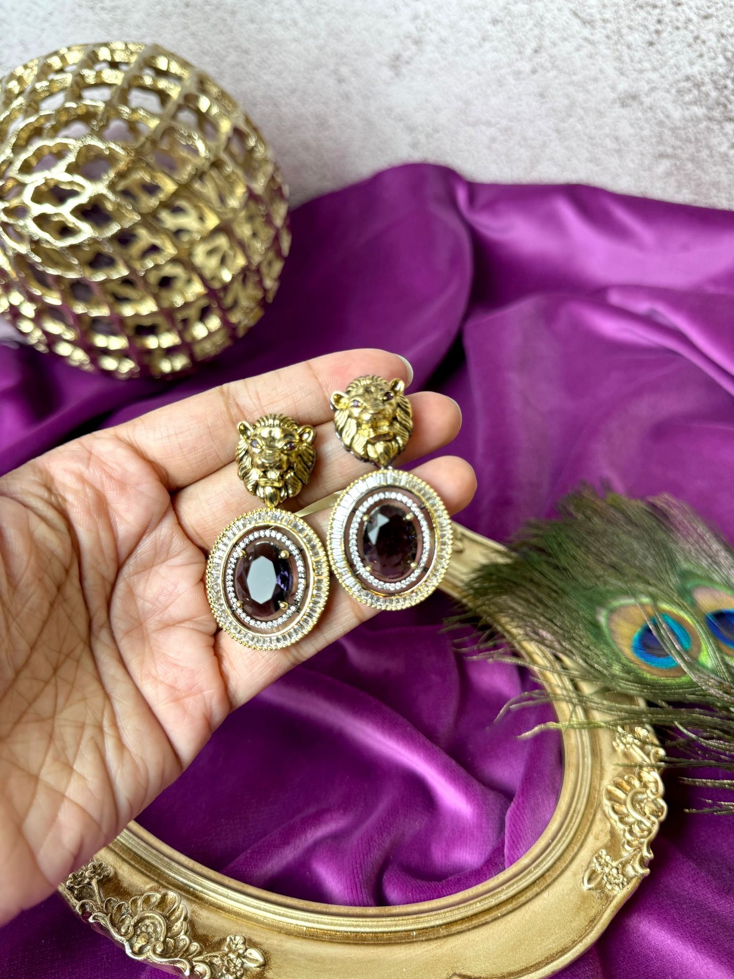 Lion-Shaped Earrings in Dark Purple