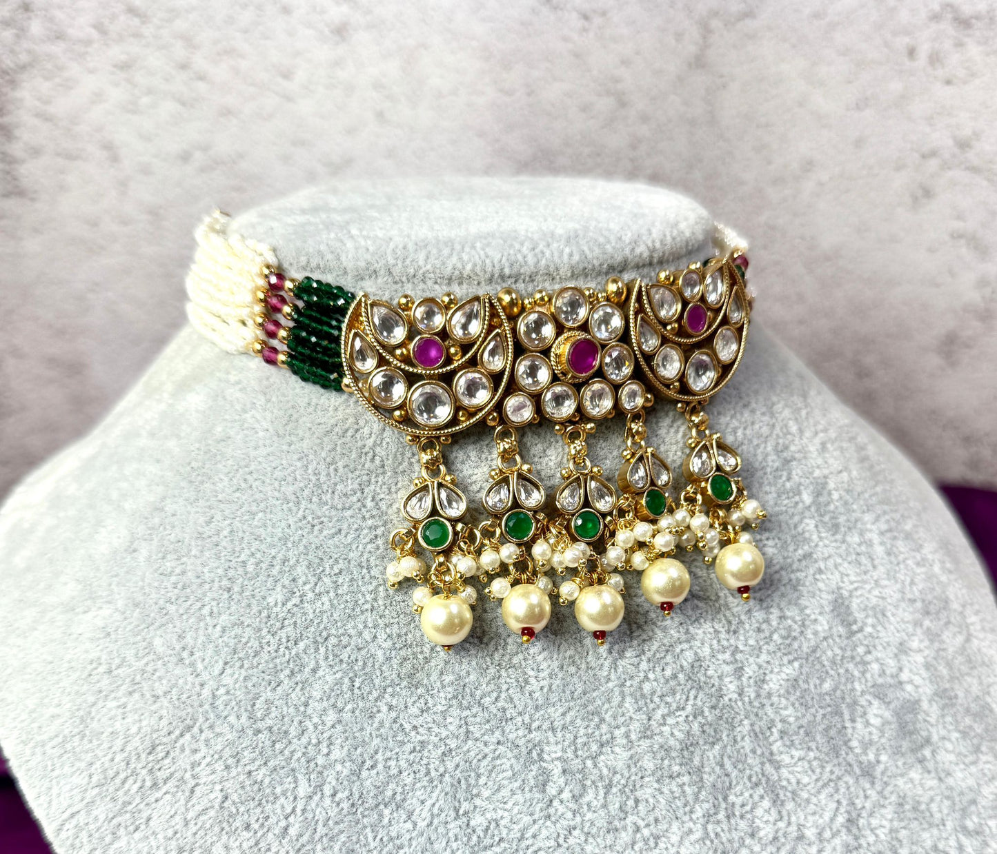 Green Pink Kundan Choker- Roar 1029