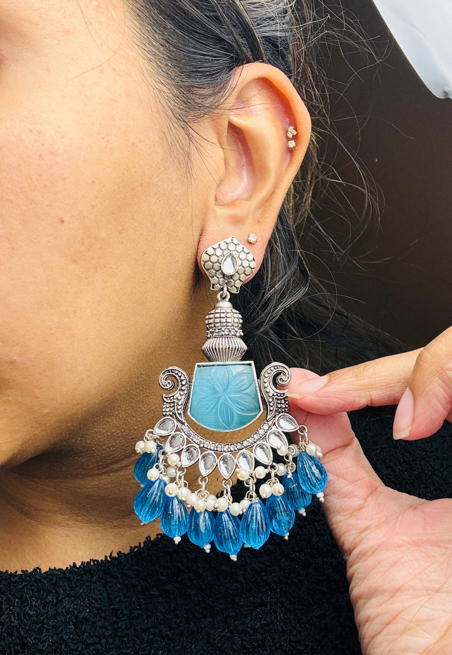 Blue Silver Chandbalis Earrings- Lux