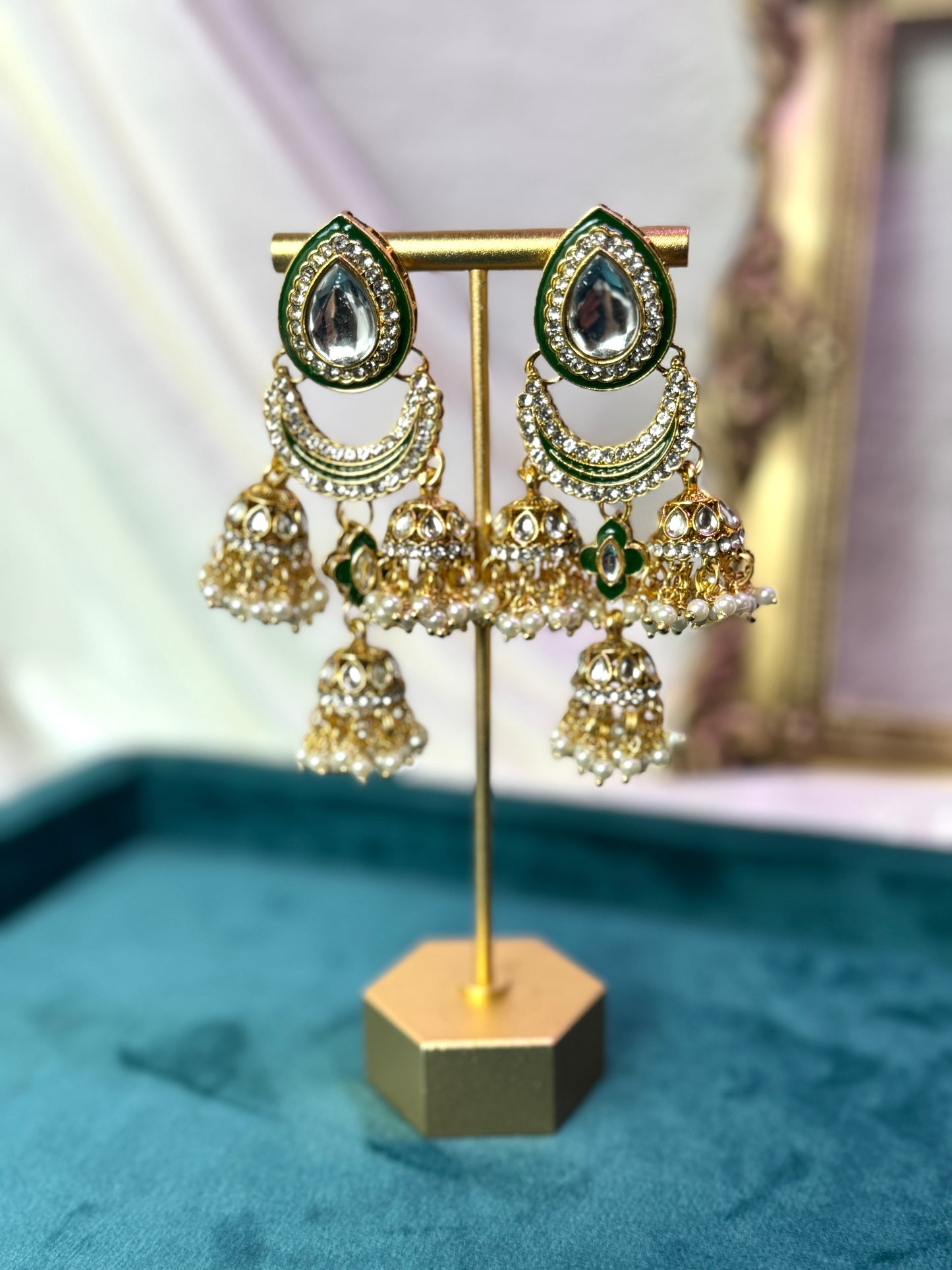Gold Green Kundan Jhumkas
