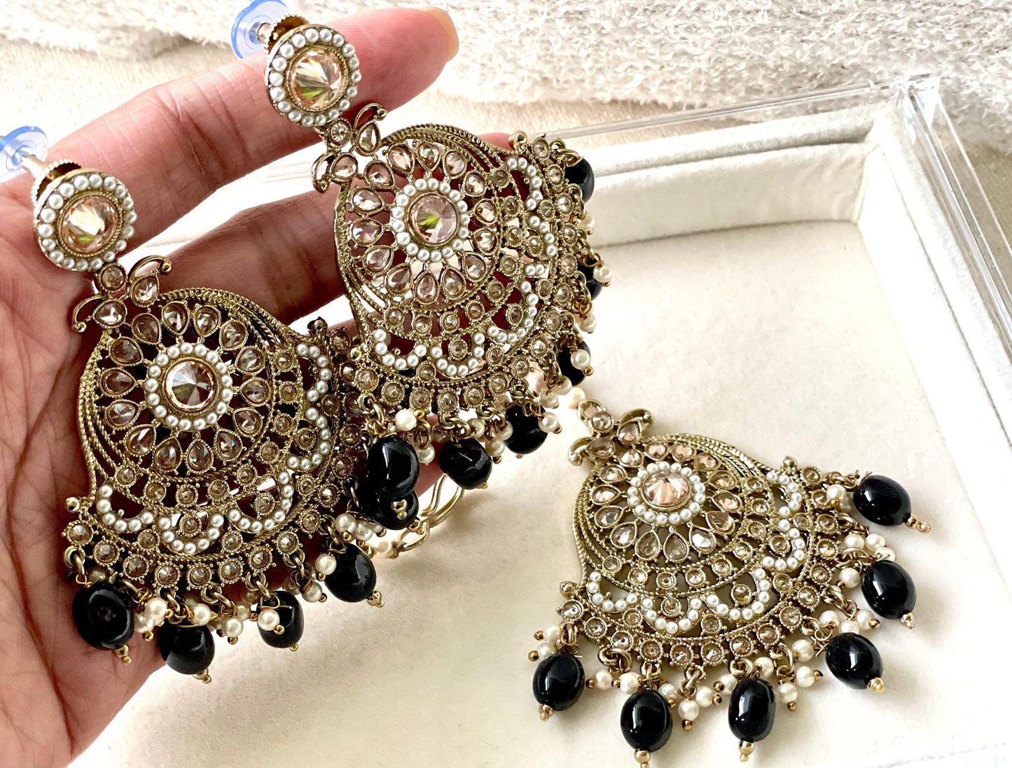 Black Polki Tikka and Jhumkas Set