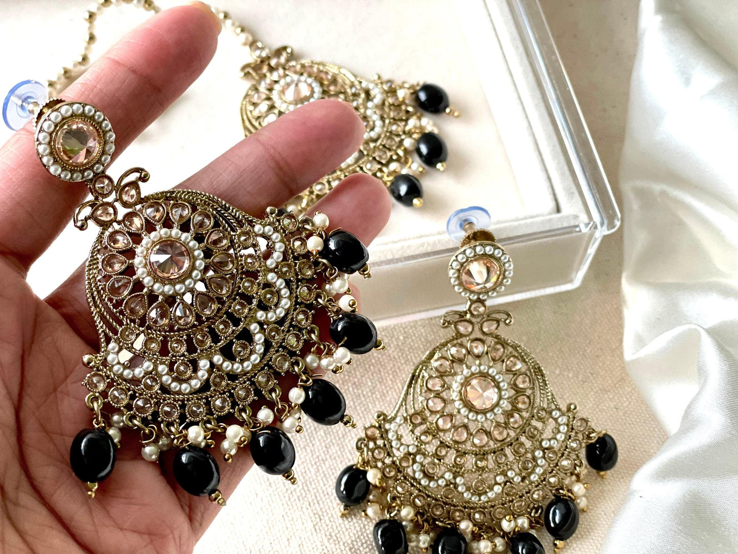 Black Polki Tikka and Jhumkas Set