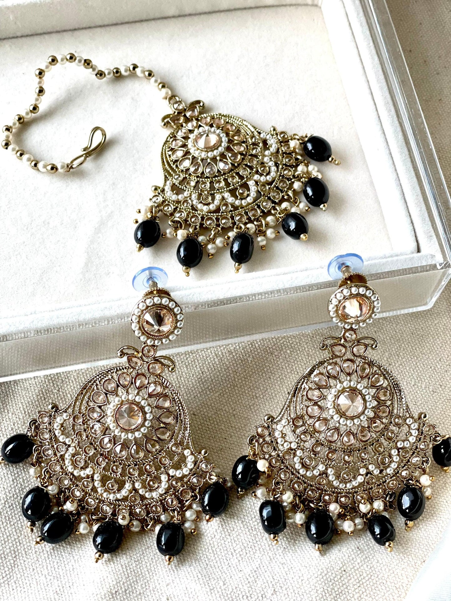 Black Polki Tikka and Jhumkas Set