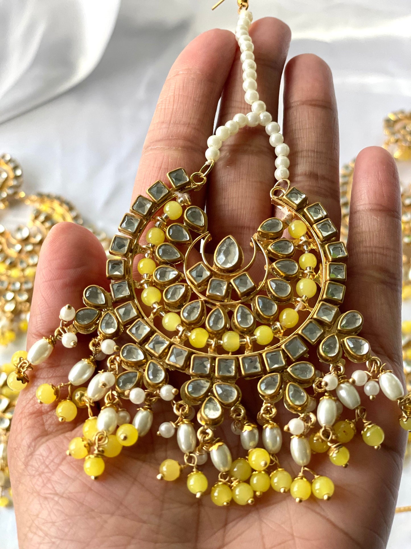 Yellow Choker with Oversized earrings and Tikka