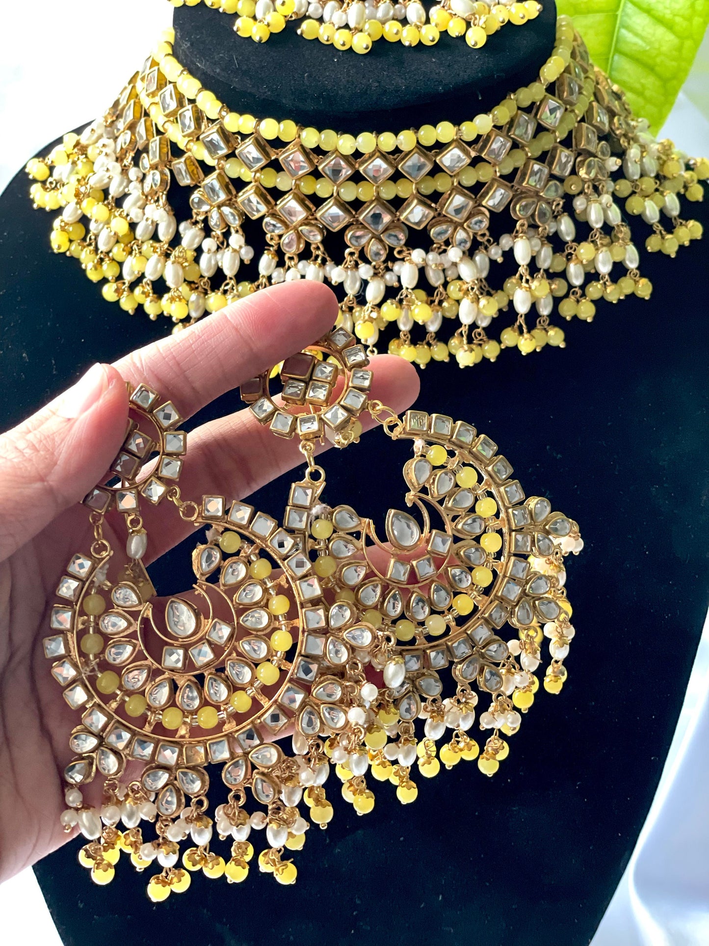 Yellow Choker with Oversized earrings and Tikka
