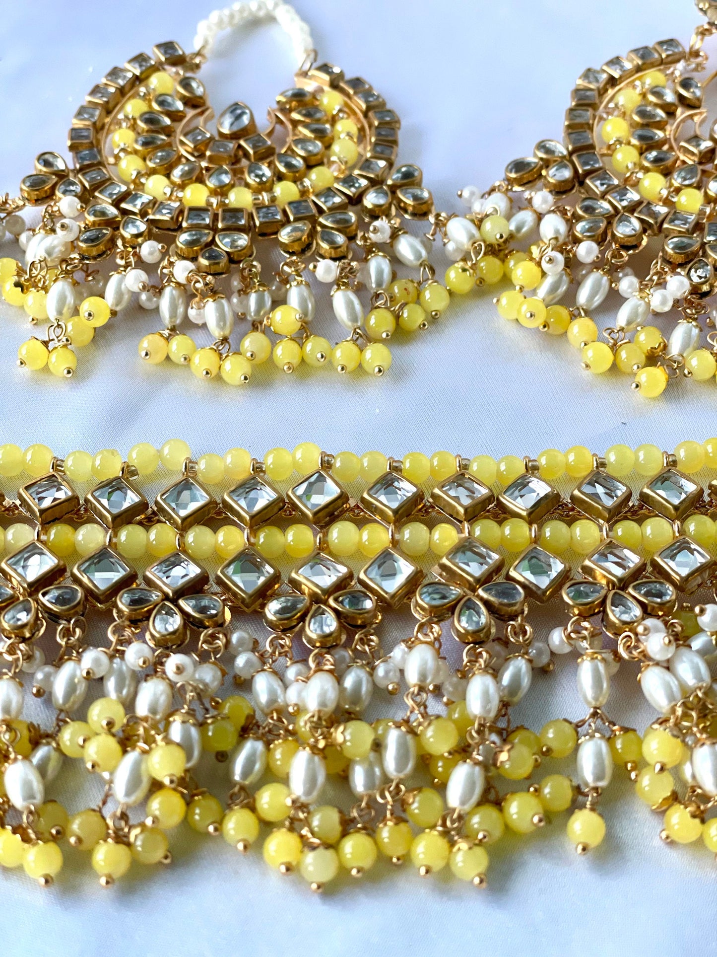 Yellow Choker with Oversized earrings and Tikka