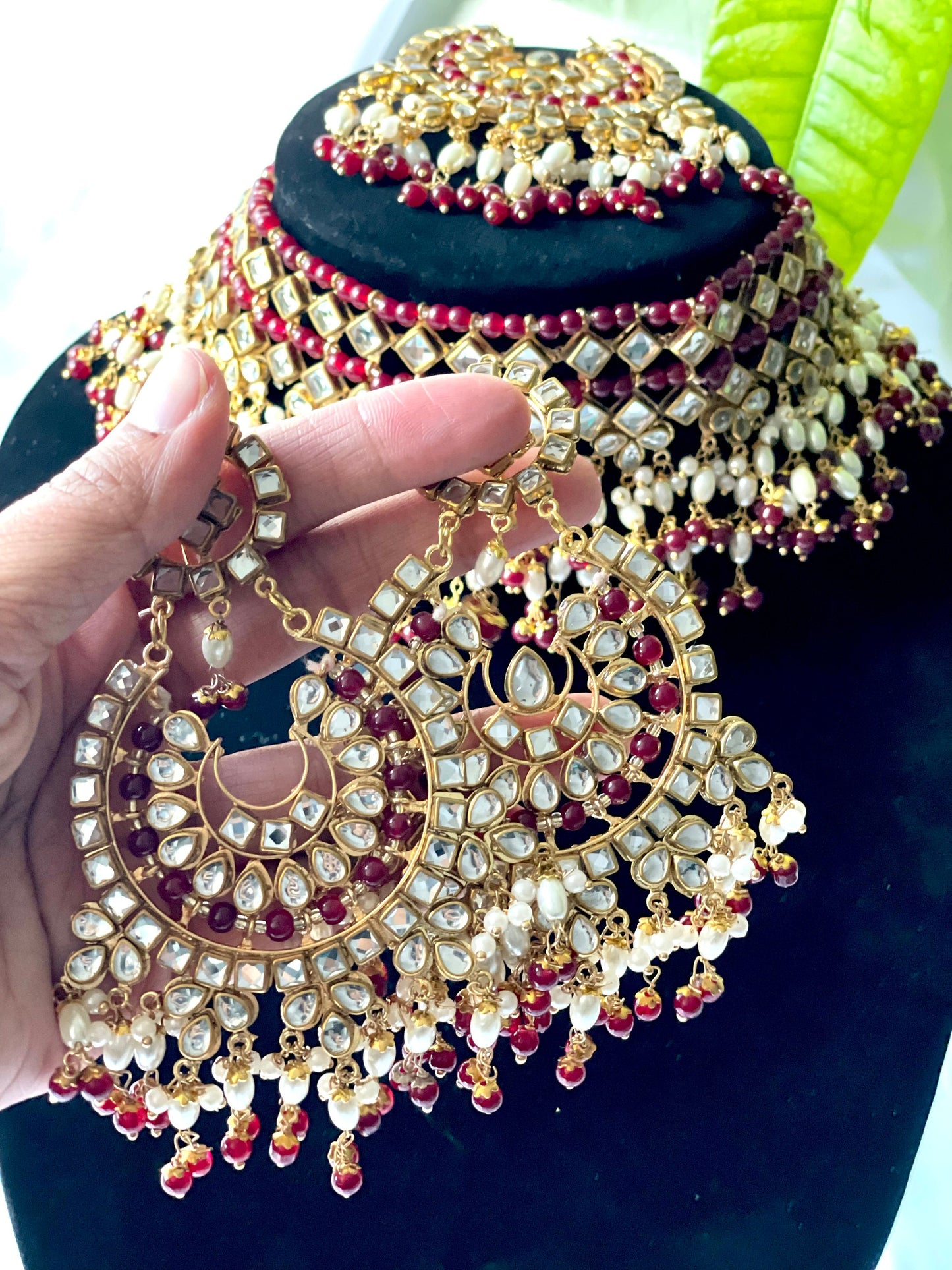 Oversized Tikka Earrings and Choker Maroon Choker Set