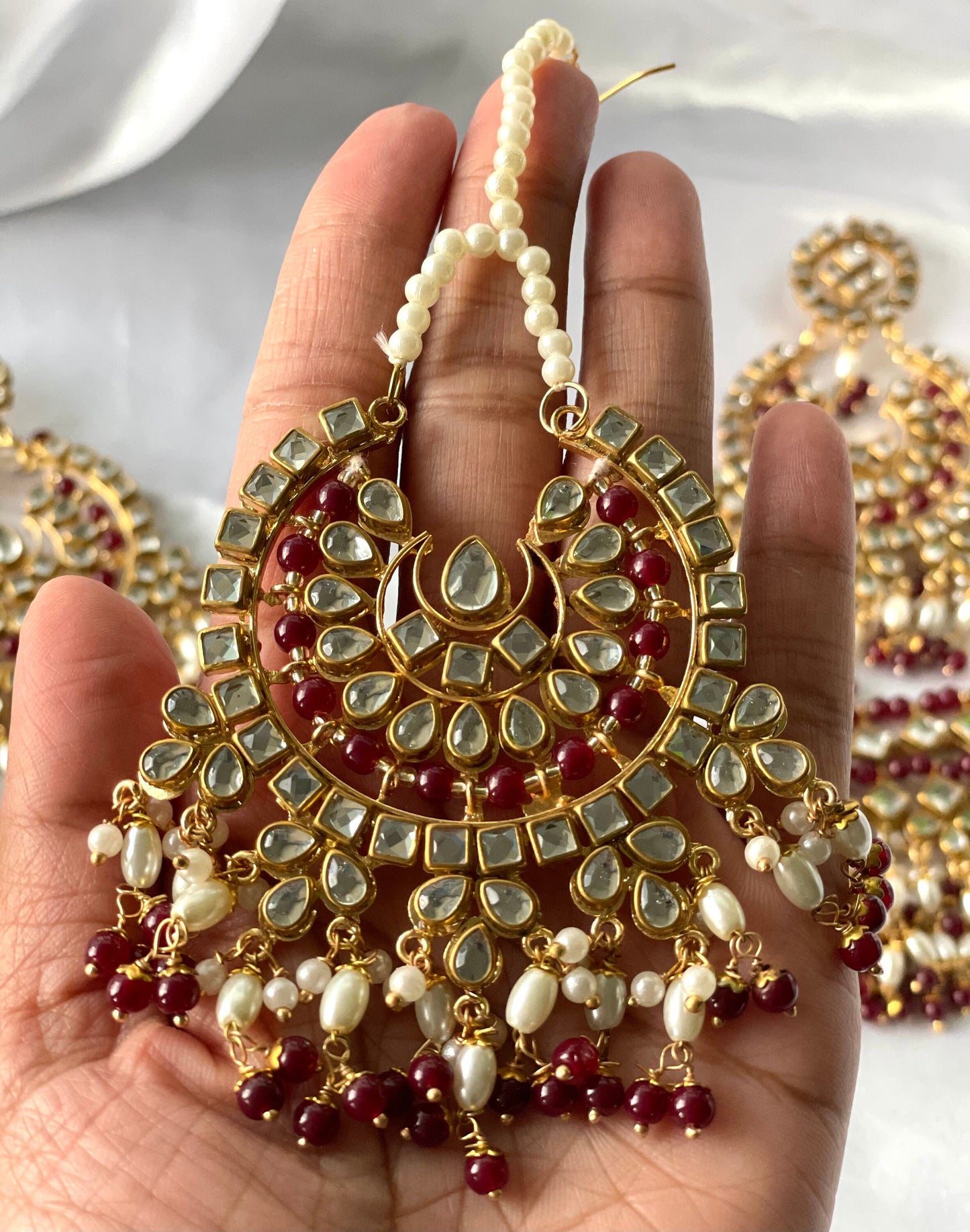 Oversized Tikka Earrings and Choker Maroon Choker Set