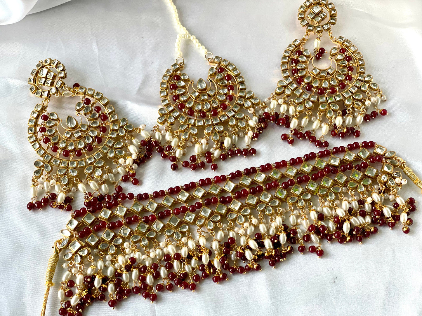 Oversized Tikka Earrings and Choker Maroon Choker Set
