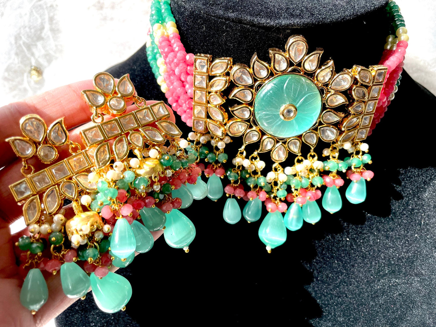 Paachi Kundan Necklace Tyaani look Coral pink