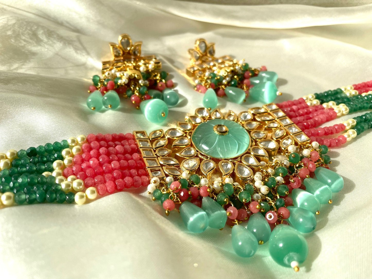 Paachi Kundan Necklace Tyaani look Coral pink