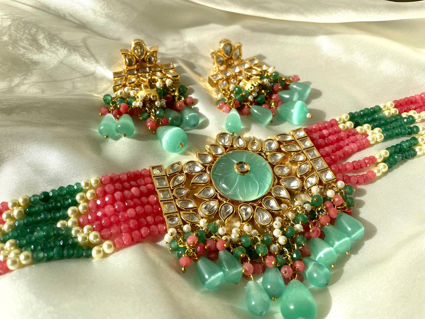 Paachi Kundan Necklace Tyaani look Coral pink