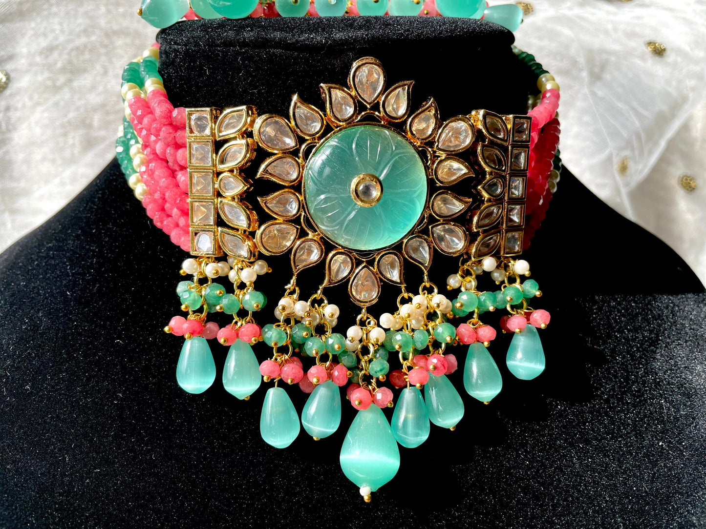 Paachi Kundan Necklace Tyaani look Coral pink