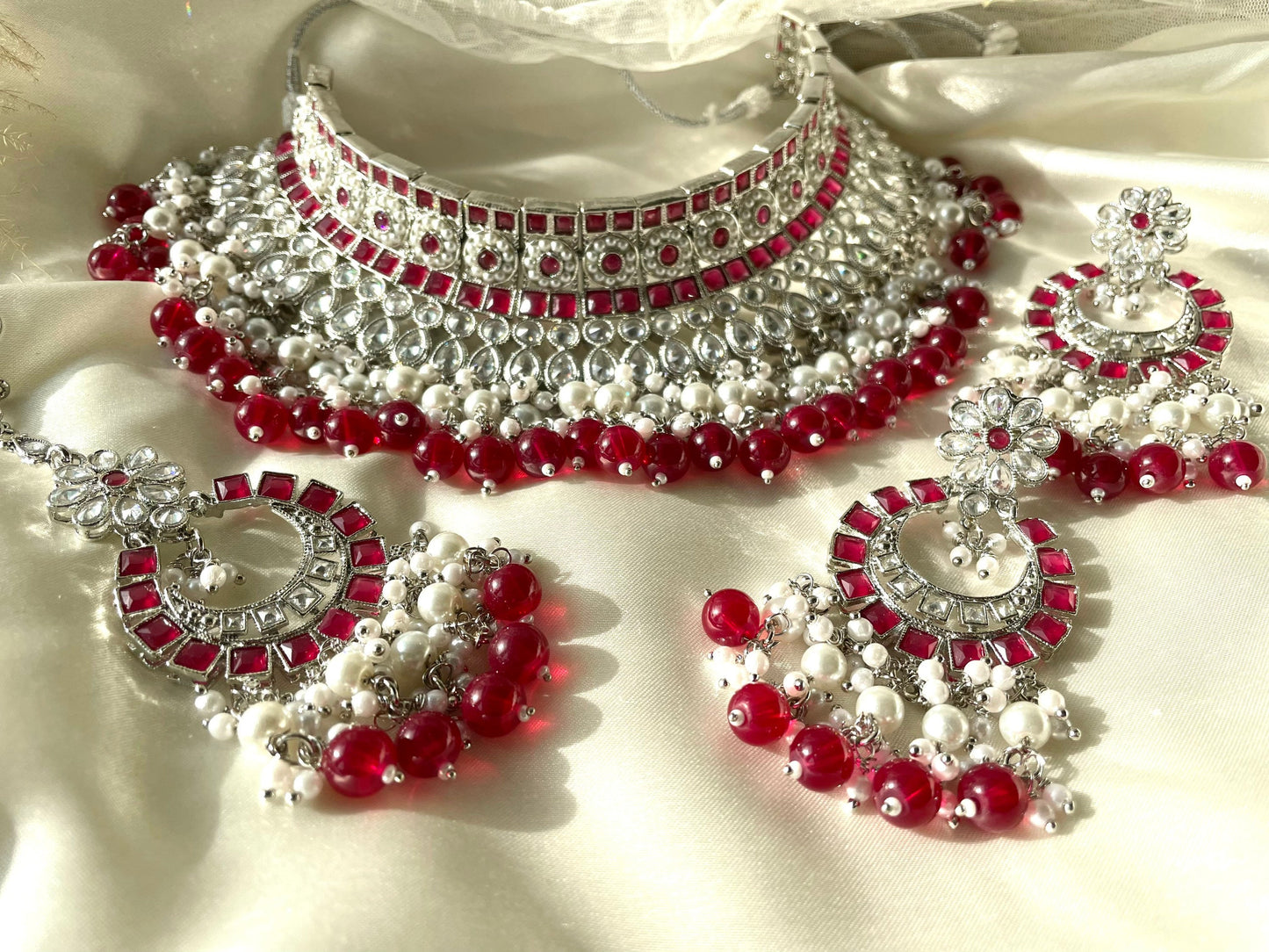 Silver and Red Polki Set