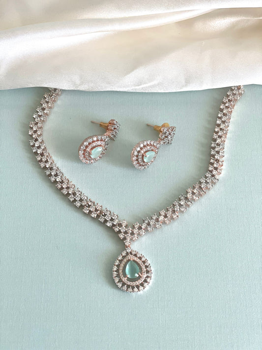 Mint crystal necklace with pair of earrings