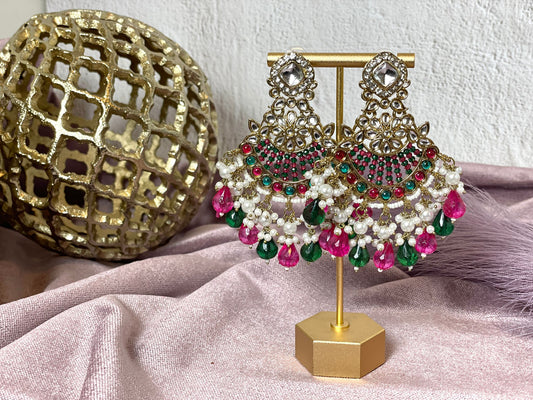 Gold plated pink and green chaandbalis