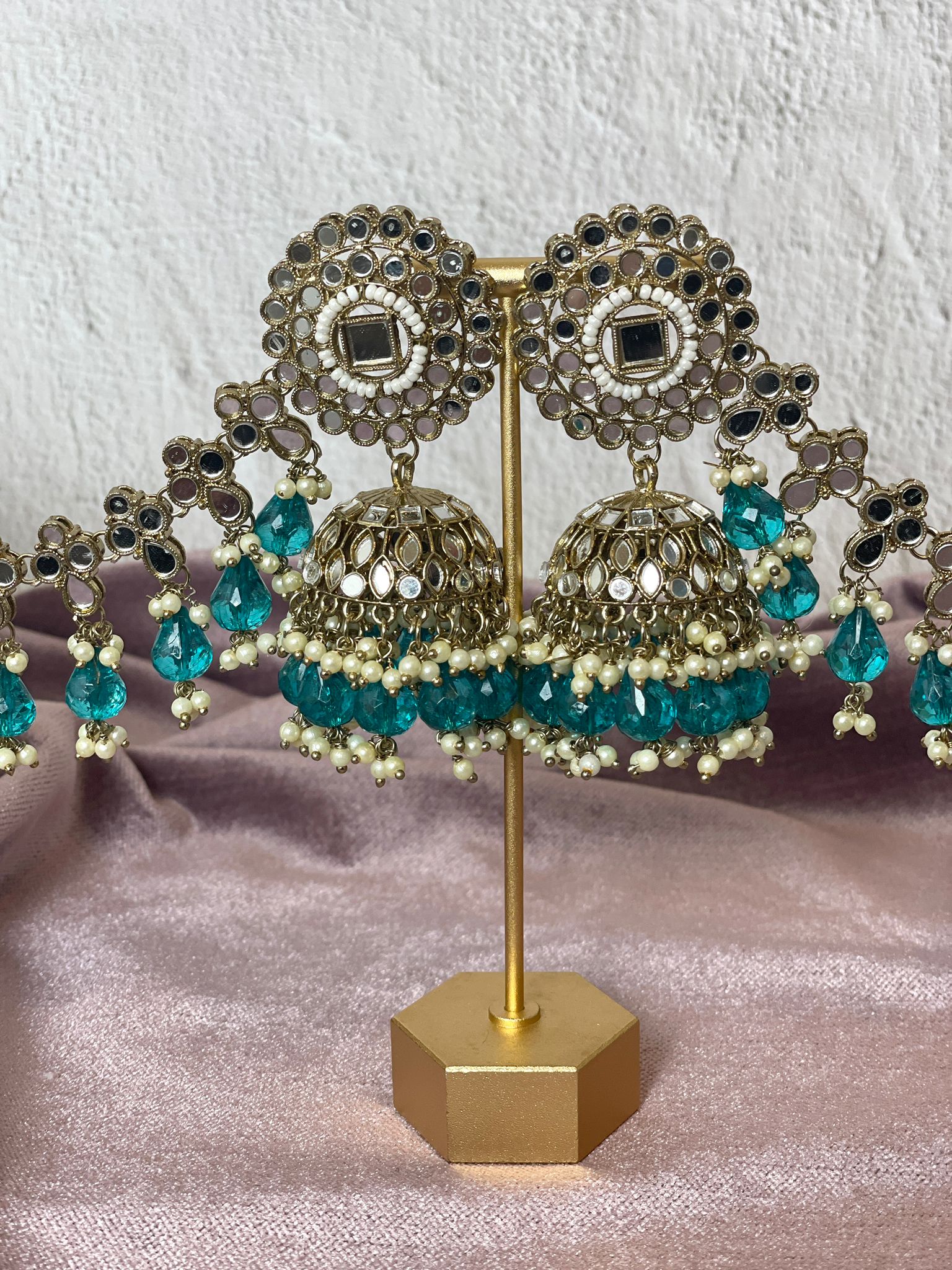 Teal Mirror Sahara Jhumkas