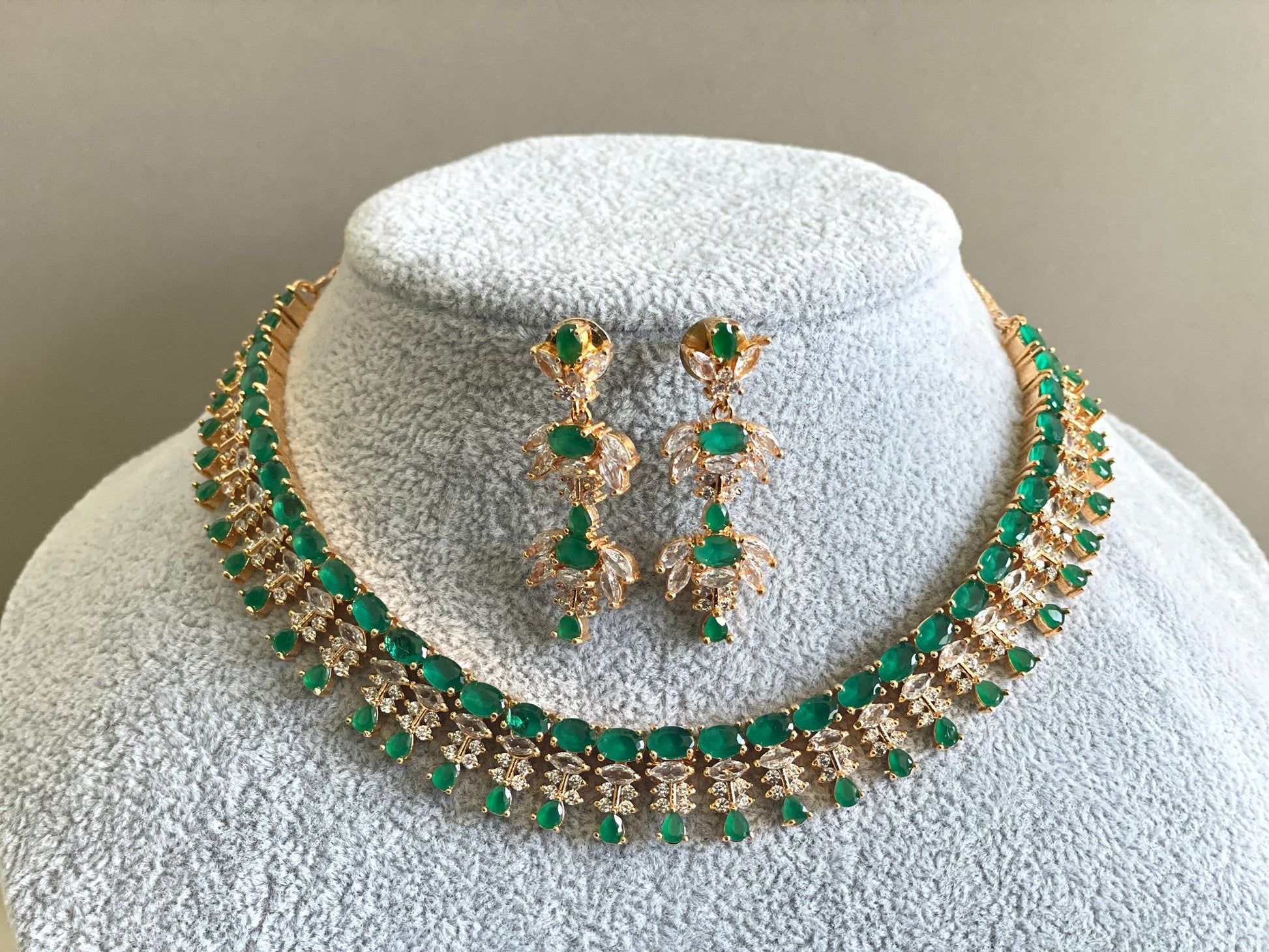 Emerald Green AD Necklace with elegant earrings