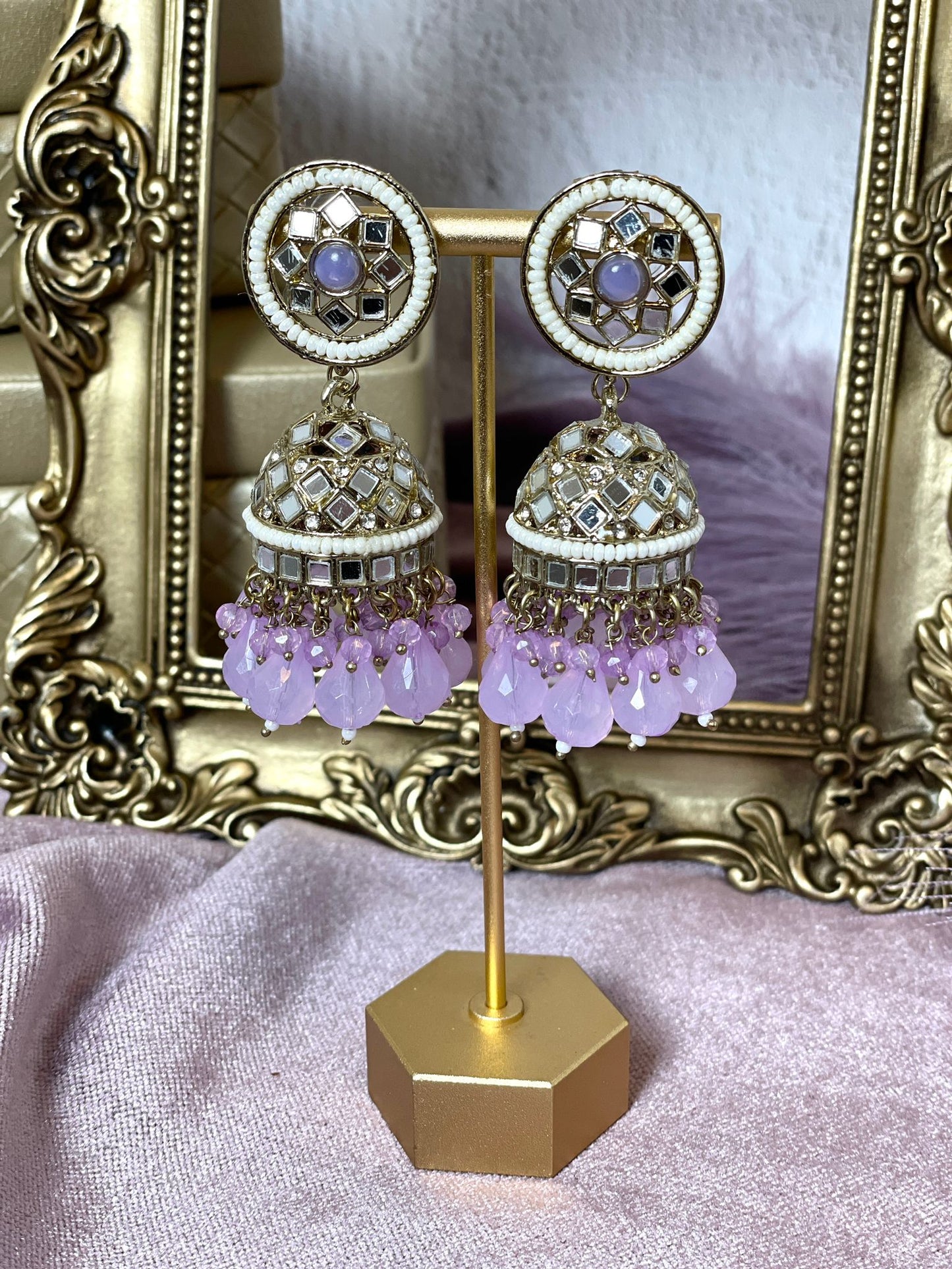 Elegant Lavender Mirror Jhumka Earrings - Reflecting Timeless Beauty