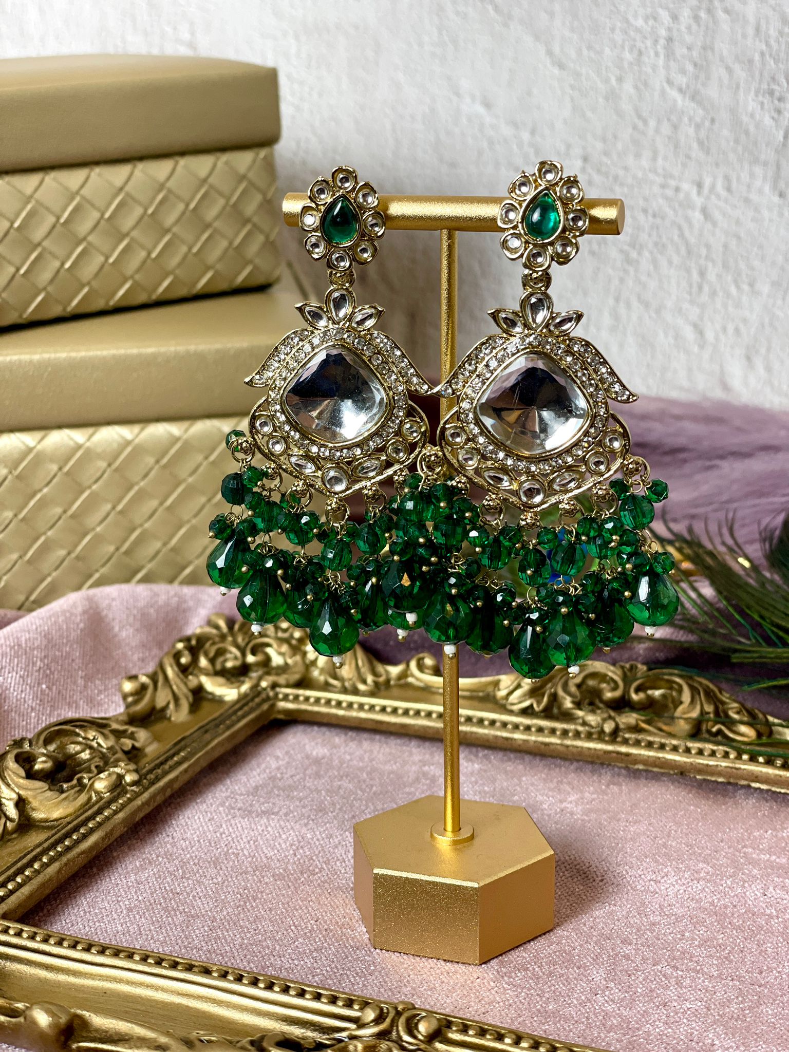 Gold finish emerald green earrings