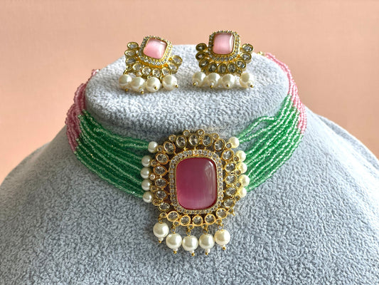 pink green kundan choker