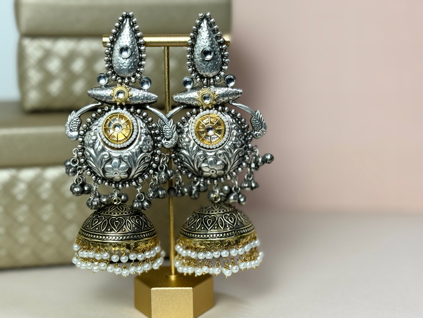 Gold and Silver oversized jhumkas- Lux